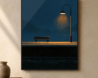 Japanese Wall Art Printable, Night Train Station Poster, Vintage Japan Print, Moody Blue Wall Art, Digital Download, Japandi Decor