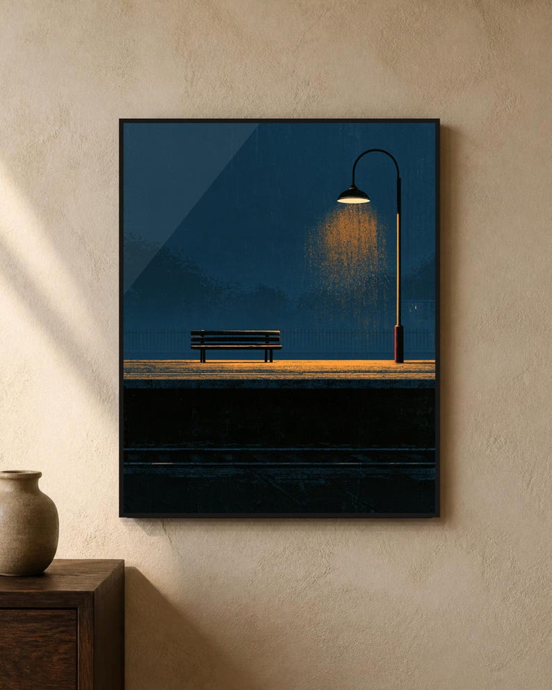 Japanese Wall Art Printable, Night Train Station Poster, Vintage Japan Print, Moody Blue Wall Art, Digital Download, Japandi Decor image 1