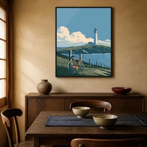 Japanese Wall Art Printable, Lighthouse Coastal Landscape Poster, Vintage Red Bicycle Print, Seaside Art, Digital Download, 5 Sizes image 6