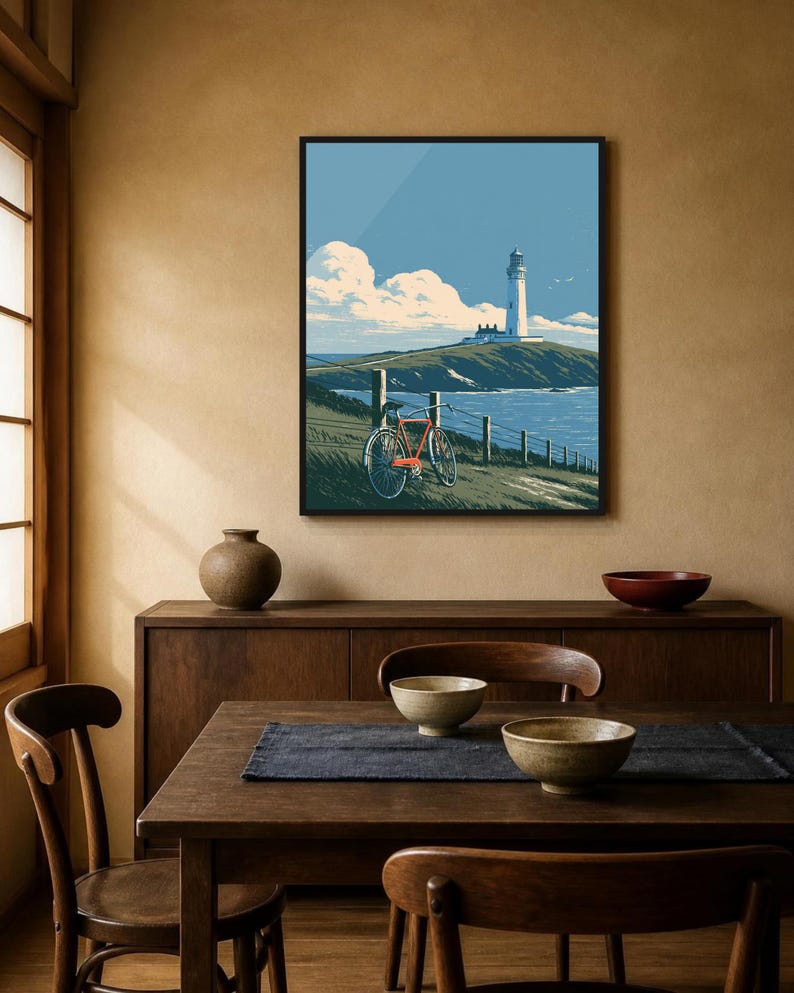 Japanese Wall Art Printable, Lighthouse Coastal Landscape Poster, Vintage Red Bicycle Print, Seaside Art, Digital Download, 5 Sizes image 6