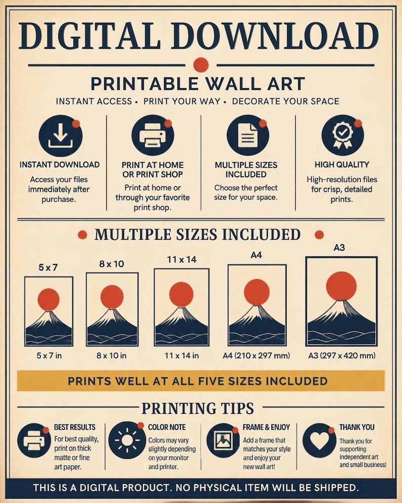 May include: A digital download informational graphic for printable wall art featuring a mountain and sun illustration. It lists five sizes: 5x7, 8x10, 11x14 inches, A4, and A3, along with printing tips, quality details, and instructions for instant access.
