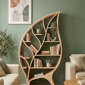 Parametric Wooden Bookshelf | CNC Cut Layered Shelf Design | Leaf Shaped Modern Furniture | Digital Download image 1