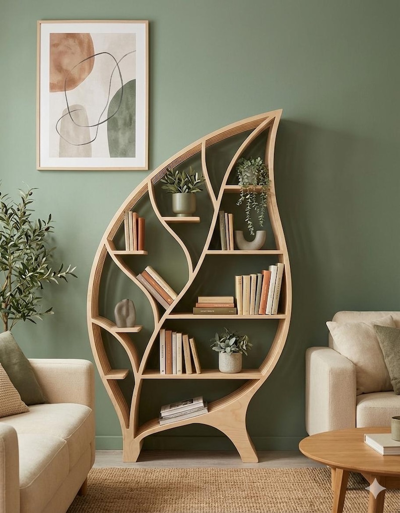 Parametric Wooden Bookshelf | CNC Cut Layered Shelf Design | Leaf Shaped Modern Furniture | Digital Download image 1