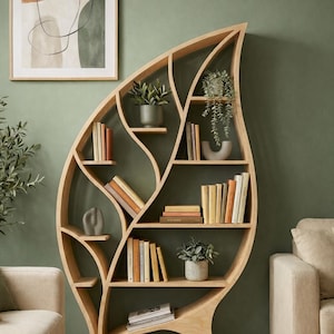 Parametric Wooden Bookshelf | CNC Cut Layered Shelf Design | Leaf Shaped Modern Furniture | Digital Download image 4