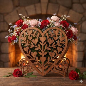 Op de afbeelding: Een houten bloemstukhouder in de vorm van een hart met een decoratief uitgesneden ontwerp. De houder is gevuld met rode en roze rozen en andere bloemen. Twee rode rozen zijn voor de houder geplaatst. De achtergrond toont een open haard.
