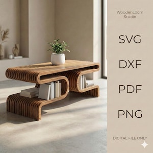 以下が含まれることがあります： ユニークな曲線デザインのモダンな木製コーヒーテーブル。テーブルには2つの収納レベルがあり、上には小さな鉢植えの植物があります。「WoodenLoom Studio」の文字とファイルタイプのオプションが右側に表示されています。
