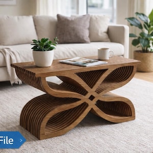 May include: A wooden coffee table with a unique, curved design. The table has a slatted top and a base with an open, geometric pattern. A small potted plant and a coffee cup sit on top of the table. The table is in a living room setting.