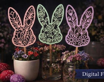 Floral Bunny Ears SVG Bundle, Easter Centerpiece Decor, Bunnies on Stick, Laser Cut File
