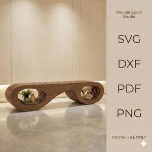 Puede incluir: Un banco de madera moderno con un diseño curvo único. El banco presenta dos cortes ovalados, cada uno con elementos decorativos como plantas y jarrones. El banco está hecho de madera marrón cálida y está sobre un fondo neutro. El texto "WoodenLoom Studio" es visible.