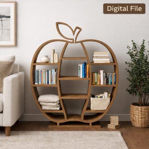 May include: A wooden apple-shaped bookcase, filled with books and decorative items. The bookcase is a warm brown colour and stands on a light-coloured rug. The text "Digital File" is in the upper right corner. The bookcase has multiple shelves.