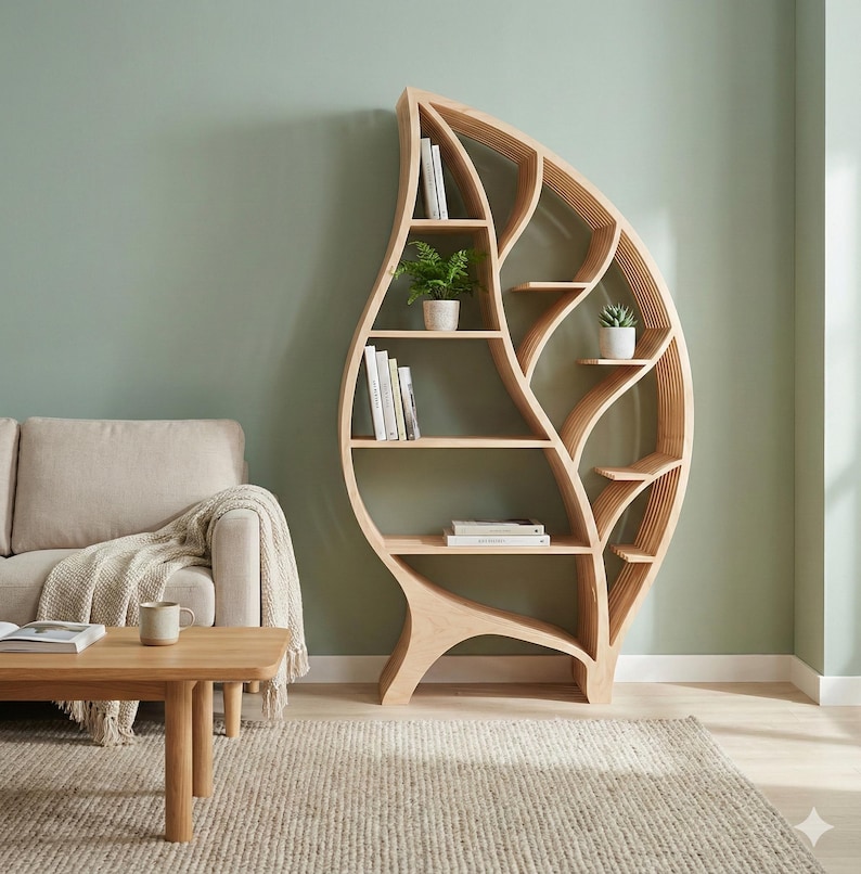 Parametric Wooden Bookshelf | CNC Cut Layered Shelf Design | Leaf Shaped Modern Furniture | Digital Download image 2