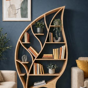 Parametric Wooden Bookshelf | CNC Cut Layered Shelf Design | Leaf Shaped Modern Furniture | Digital Download image 3