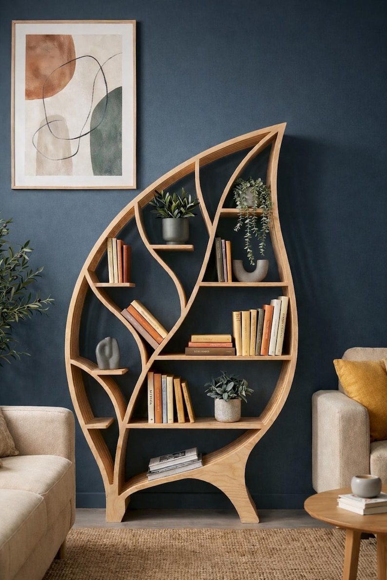 Parametric Wooden Bookshelf | CNC Cut Layered Shelf Design | Leaf Shaped Modern Furniture | Digital Download image 3