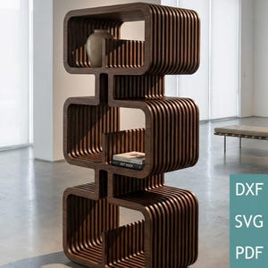 May include: A contemporary dark wood bookshelf with a distinctive, curved design. The open shelves display a vase and a book. The bookshelf is constructed from vertical wooden slats and has a modern style. The image also includes the text "DXF, SVG, PDF, EPS".