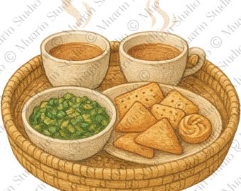Food Journal Sticker PNG – Traditional Basket & Tea Set Clipart, Colored Pencil, Transparent PNG (Digital Download)