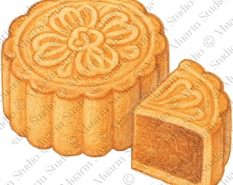 Bakery Menu Dessert PNG – Mooncake (Lotus Filling) Illustration, Transparent PNG (Digital Download)