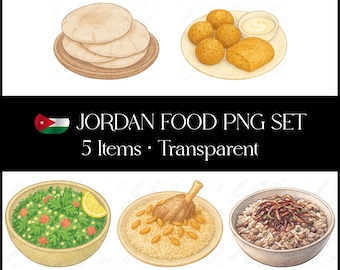 Jordanian Food Clipart Bundle PNG–5 Items, Colored Pencil Middle Eastern Cuisine Illustration Set, Transparent Background(Digital Download)