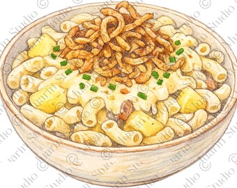 Restaurant Menu Food PNG – Älplermagronen Swiss Alpine Pasta, Colored Pencil, Transparent PNG (Digital Download)