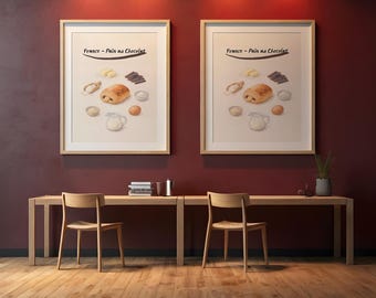Plakat ze składnikami do „Pain au Chocolat” – przepis na francuskie wypieki do druku, tabela produktów do kuchni (do pobrania w wersji cyfrowej)