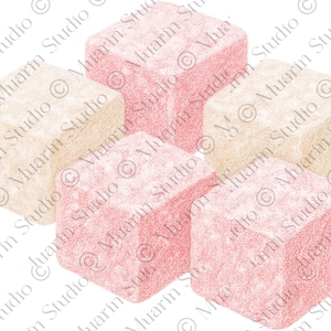 May include: An illustration of six textured, cube-shaped objects. Three are a light pink color, and the other three are a pale beige. The cubes are arranged in a slightly overlapping pattern against a white background.