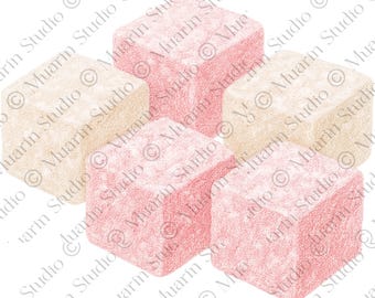 Bakery Dessert Clipart PNG – Lokum Turkish Delight Cubes, Colored Pencil, Transparent PNG (Digital Download)