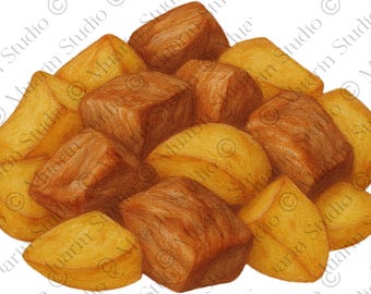 Restaurantmenu Eten PNG – Ojakhuri-varkens- en aardappelschotel, kleurpotlood, transparante png (digitale download)