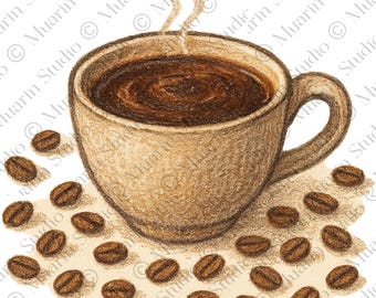 Cafe Drink Sticker PNG – Kenyan Coffee Clipart, Colored Pencil, Transparent PNG (Digital Download)