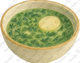 Receptkaart Voedsel clipart png – Caldo Verde boerenkoolsoep, kleurpotlood, transparante png (digitale download)