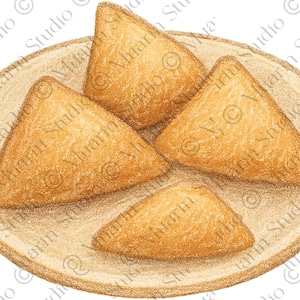 May include: A drawing of four golden-brown, triangular pastries on a light brown, oval plate. The pastries have a textured surface, suggesting a crispy exterior. The plate has a simple, unadorned design. The image is a food illustration.