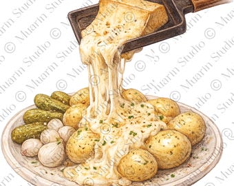 Menu restauracji, jedzenie w formacie PNG – szwajcarskie danie z serem raclette, kredka kolorowa, przezroczysty plik PNG (pobieranie cyfrowe)