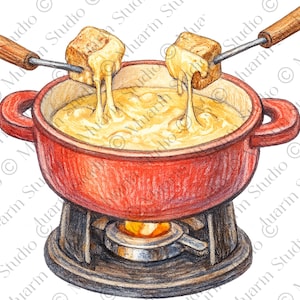 May include: A red fondue pot with melted cheese and bread cubes on forks. The pot sits on a black burner with a flame. The illustration is a watercolor style.