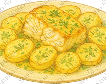 Restaurantmenu eten, png PNGEgg – Bacalhau Assado gegrilde kabeljauw en aardappelen, kleurpotlood, transparante png (digitale download)