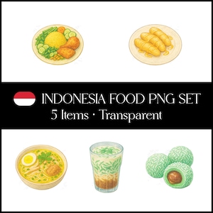 Peut inclure: Illustration d'aliments indonésiens. L'image comprend une assiette de riz jaune avec du poulet frit et des légumes, une assiette de bananes frites, un bol de soupe avec des nouilles et un œuf, un verre de cendol et trois boules de mochi vertes.