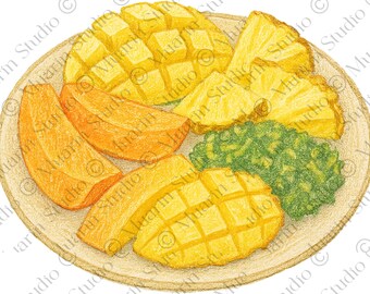 Fruit Sticker PNG – Tropical Fruit Plate Clipart, Colored Pencil, Transparent PNG (Digital Download)