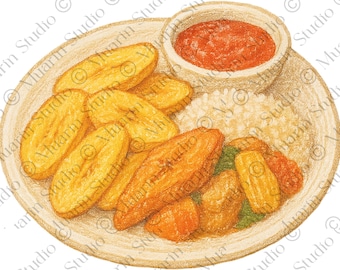 Restaurant Menu Food PNG – Fried Plantain (Ivorian Side Dish), Colored Pencil, Transparent PNG (Digital Download)
