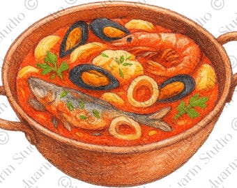 Receptkaart Voedsel Clipart PNG – Cataplana zeevruchtenstoofpot, kleurpotlood, transparante png (digitale download)