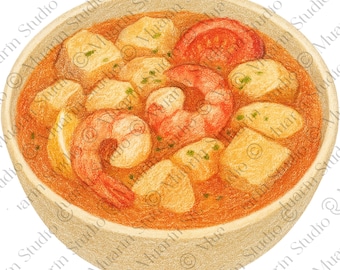 Receptkaart Voedsel Clipart, PNG – Acorda de Marisco Broodstoofpot met zeevruchten, kleurpotlood, transparante png (digitale download)