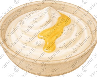 Bakery Dessert Clipart PNG – Kaymak with Honey, Colored Pencil, Transparent PNG (Digital Download)