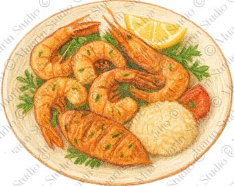 Restaurant Menu Food PNG – Grilled Shrimp Plate, Colored Pencil, Transparent PNG (Digital Download)