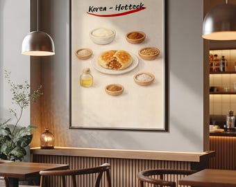 Plakat ze składnikami hotteok – koreański przepis na deser do druku, tabela składników w kuchni (do pobrania w wersji cyfrowej)