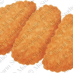May include: Three golden-brown, textured, scalloped-edge food items are arranged on a white background. The items appear to be fried, with a detailed, slightly rough surface. The image is a studio shot.