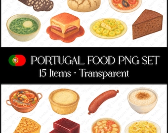 Zestaw clipartów z portugalskim jedzeniem w formacie PNG – 15 elementów, zestaw ilustracji kuchni portugalskiej wykonanych kredkami, przezroczyste tło, pobieranie cyfrowe