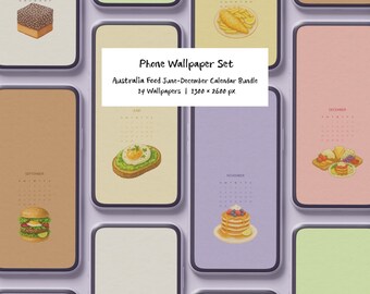 Phone Wallpaper Set, 2026 Calendar Wallpaper, Australia Food Illustration, Digital Download