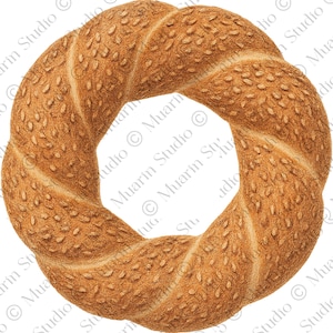 May include: A detailed illustration of a bagel, featuring a golden-brown exterior generously covered with sesame seeds. The bagel is circular with a hole in the center, showcasing a twisted design. The image is set against a white background.