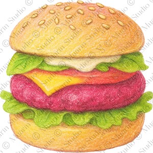 Pode incluir: Ilustração detalhada de um hambúrguer. O pão dourado é polvilhado com sementes de sésamo. No interior, há um hambúrguer vermelho, uma fatia de queijo amarelo, alface, tomate e um molho branco. Estilo lápis de cor.