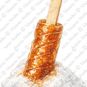 May include: A watercolor illustration of a Trdelník pastry, a traditional Czech and Slovak sweet treat. The pastry is a spiral shape, golden brown, and impaled on a wooden stick. It rests on a bed of powdered sugar.