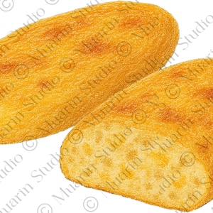 Puede incluir: Dos piezas de pan oblongas de color marrón dorado, una entera y otra cortada para revelar el interior. El pan tiene una superficie texturizada con parches más oscuros, lo que sugiere una textura horneada. La pieza cortada muestra un interior poroso.