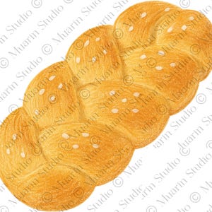 Op de afbeelding: Gedetailleerde illustratie van een goudbruin, gevlochten brood, bestrooid met witte sesamzaadjes. Het brood heeft een getextureerd oppervlak en staat tegen een witte achtergrond. De afbeelding is een tekening.