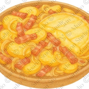 May include: Illustration of a bowl of food with pasta, potatoes, and bacon. The pasta is yellow and curly, the potatoes are golden, and the bacon is reddish-brown. The bowl is a light brown color.