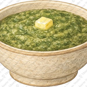 Könnte beinhalten: Eine Holzschüssel gefüllt mit grünem, strukturiertem Essen, möglicherweise Püree oder Eintopf, belegt mit einem Quadrat gelber Butter. Die Schüssel hat eine hellbraune Farbe und ein schlichtes Design, was auf eine rustikale oder hausgemachte Mahlzeit hindeutet.